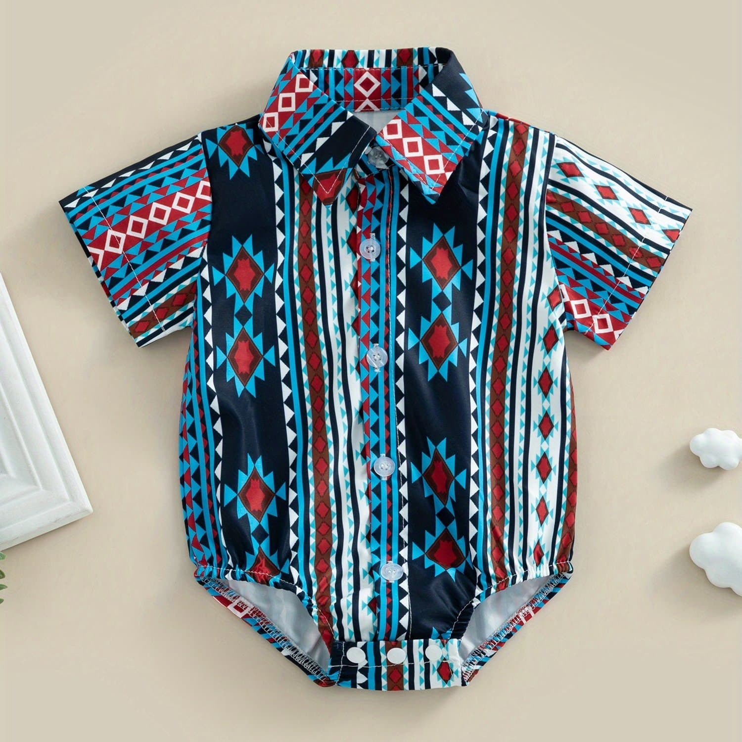 TEMU Western Romper, Short Sleeve Graphic Button Up Lapel Bodysuit Newborn Clothes, For Outdoor