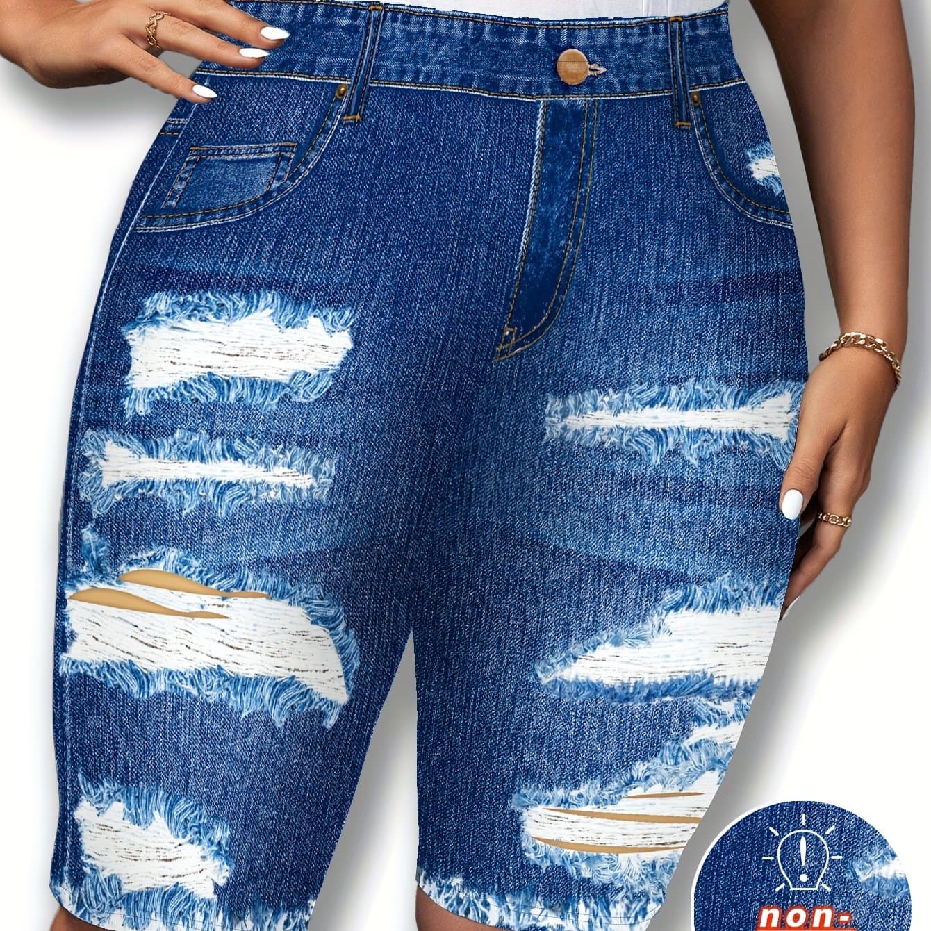 TEMU [printed Pants - Not Denim Fabric]ladies' Stylish Shorts With A Denim Print, Perfect For Casual Wear And Versatile Fitting