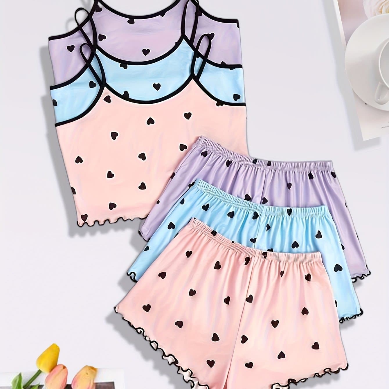 TEMU Three-piece Set Of Camisole Shorts Pajamas Women's Love Casual