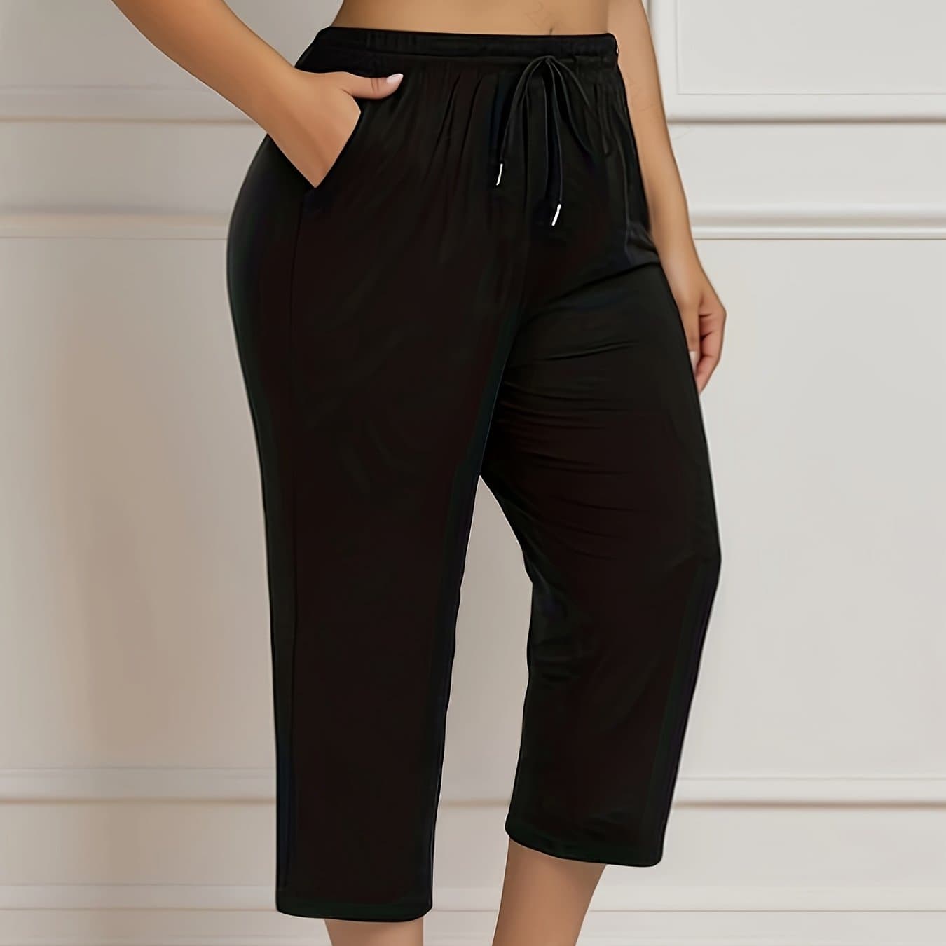 TEMU Plus Size Solid Pocket Drawstring Capri Pants, Casual Elastic Waist Pants For , Women's Plus Size Clothing