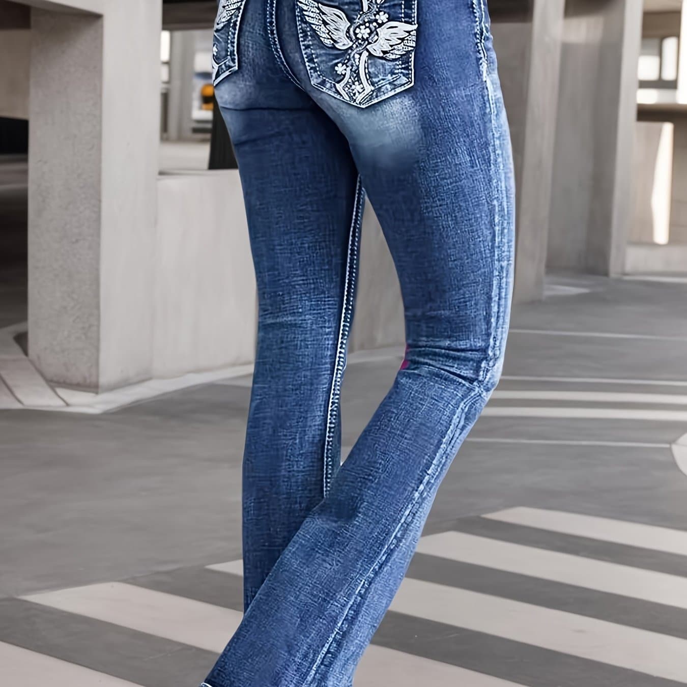 TEMU New High-waisted Fashionable And Versatile Stretch Jeans For Fall 2024, Comfortable And Slim Embroidered Bootcut Jeans In Blue