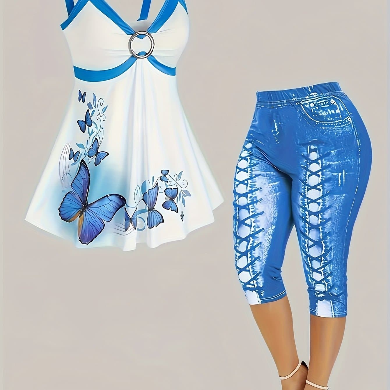 TEMU Women's Spring Summer 2pcs Elegant High-stretch Printed Cami And Tight Leggings Set