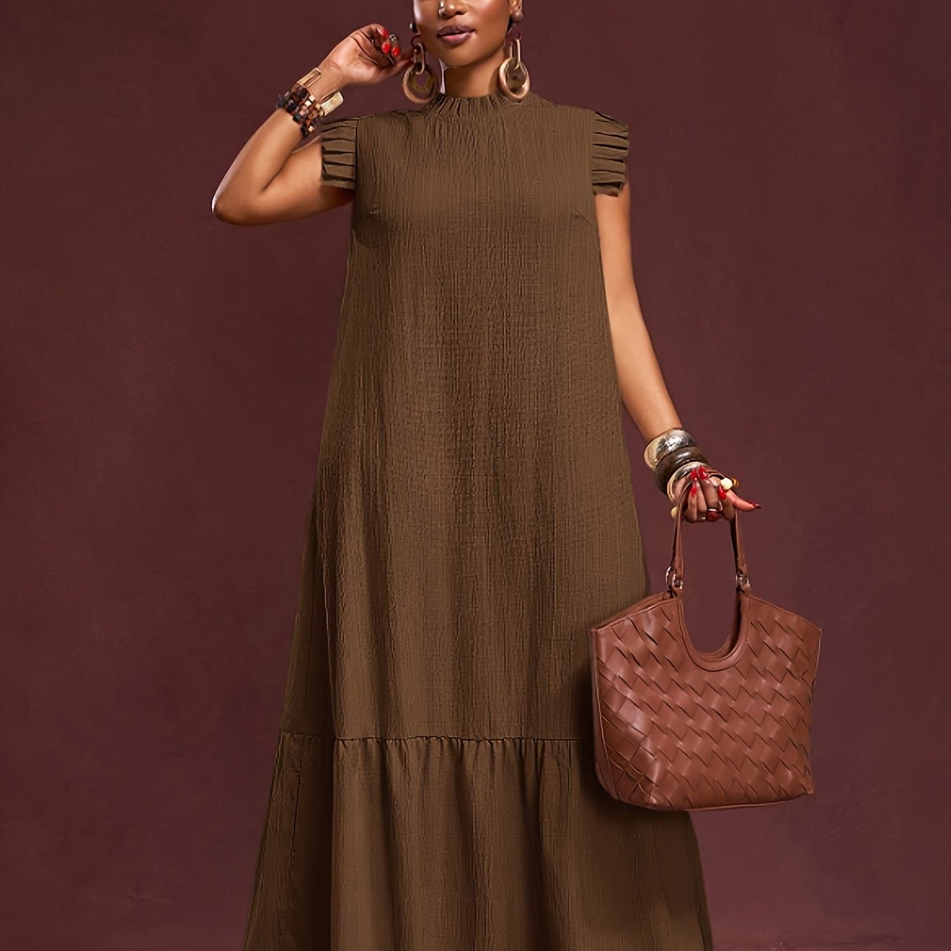 TEMU Plus Size - Plus Size - Cross-border European And American Women's Elegant Fashion Solid Color Sleeveless Sleeve Edge Stitching Women's Dress