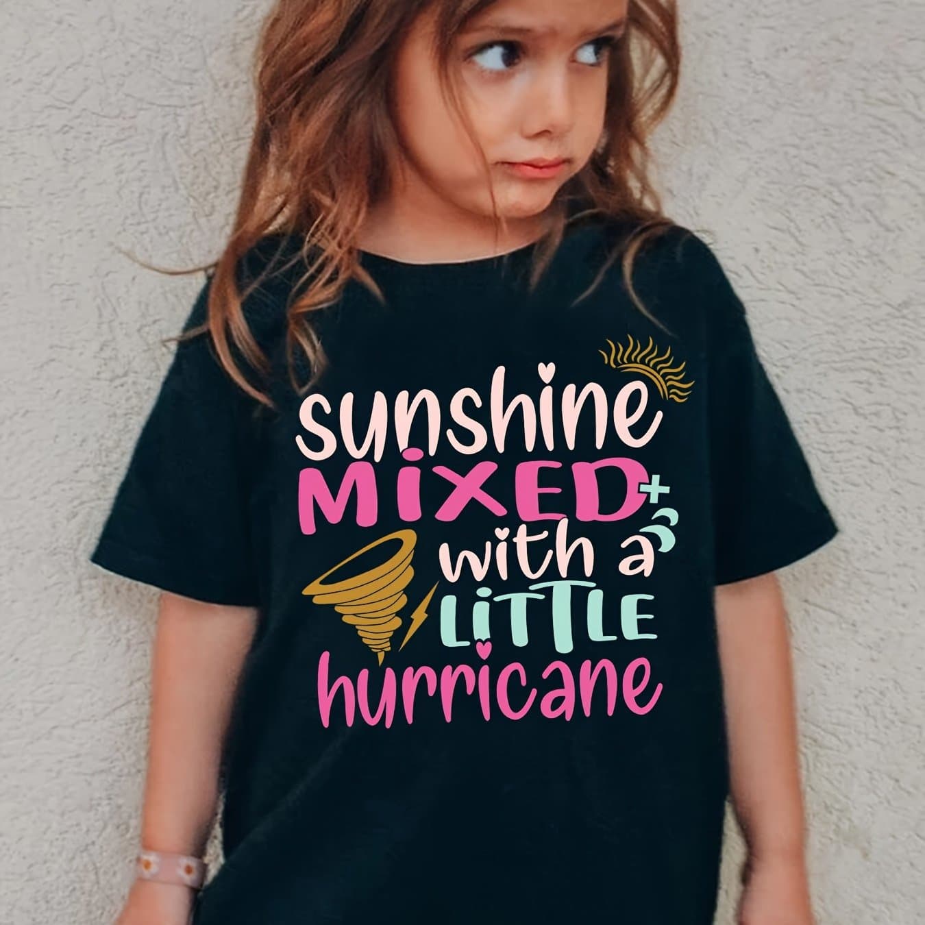 TEMU Light And A Little Hurricane Graphic Print, Girls Casual Round Neck Short Sleeve T-shirt, Comfortable Top For Spring And Summer Outdoor Activities
