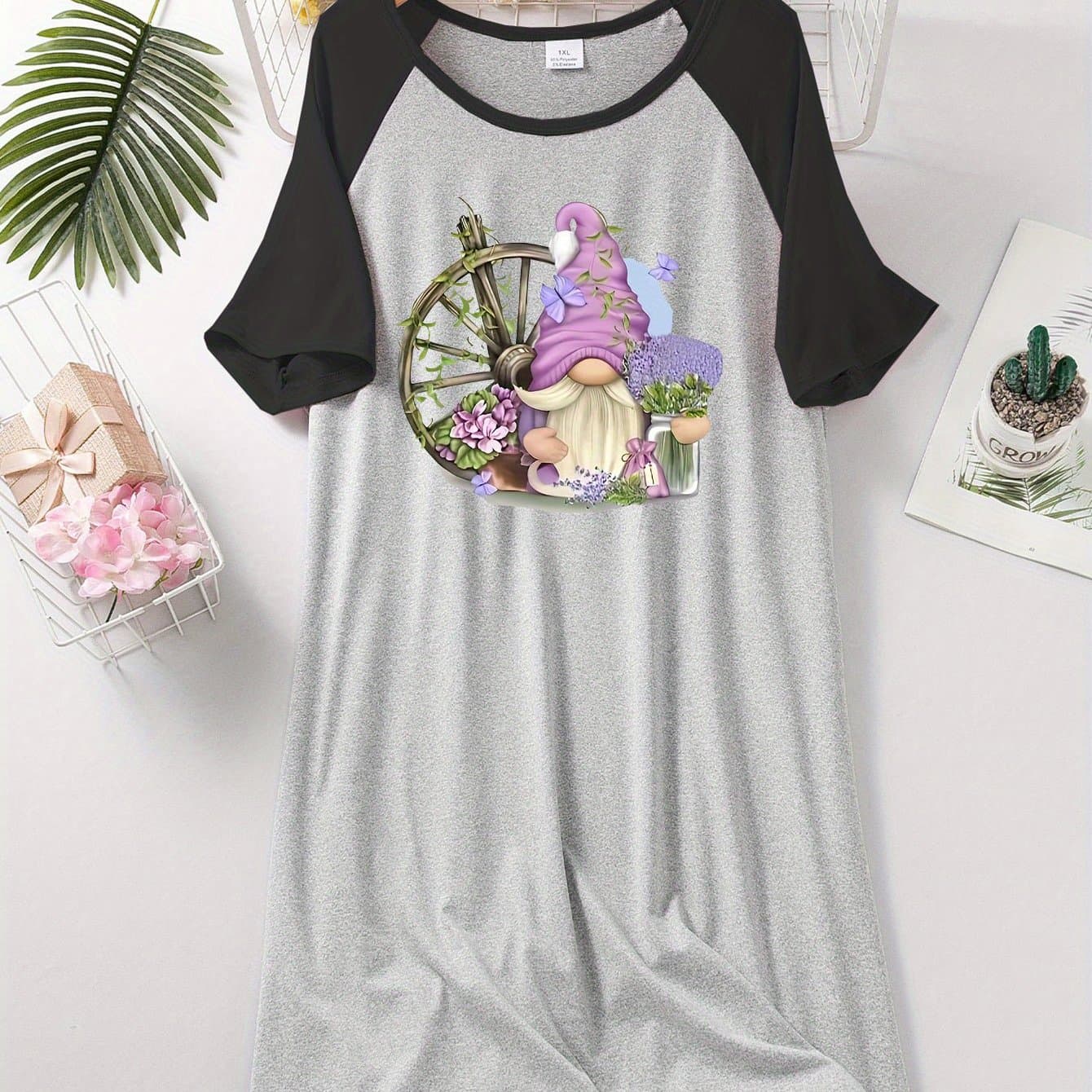 TEMU Lavender Print Plus Size Women's Casual Loungewear Dress With Dwarf Holding It