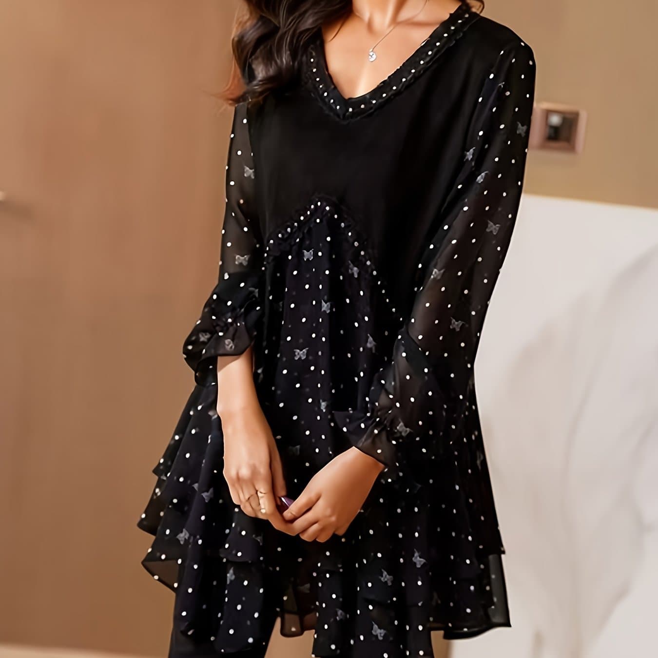 TEMU Mid-length Polka Dot Chiffon Long Sleeve Versatile Top