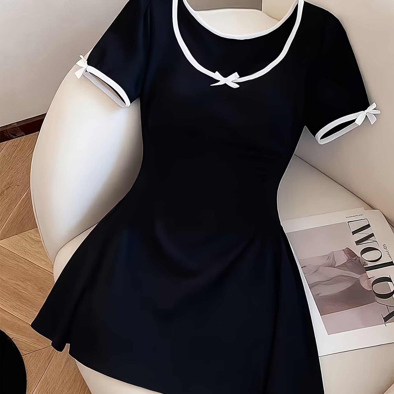 TEMU Women's Summer Round Neck Short-sleeved Dress With A Fitted Waist, Effect, And Contrasting Color Bow Detail.