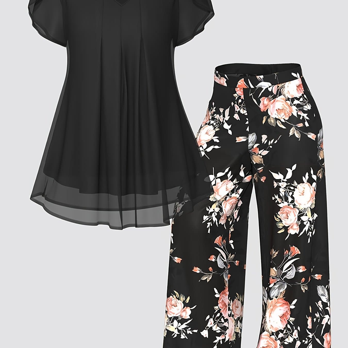 TEMU Plus Size - New Women' Color Top And Printed Pants Chiffon Fashion Style Set Top And Pants 2 Piece Set