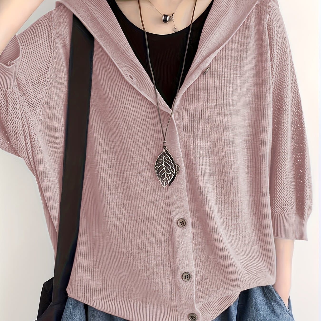 TEMU Fine Cardigan Jacket Women's New Solid Loose Hooded Outerwear Thin Hollow Out Three-quarter Sleeve Top