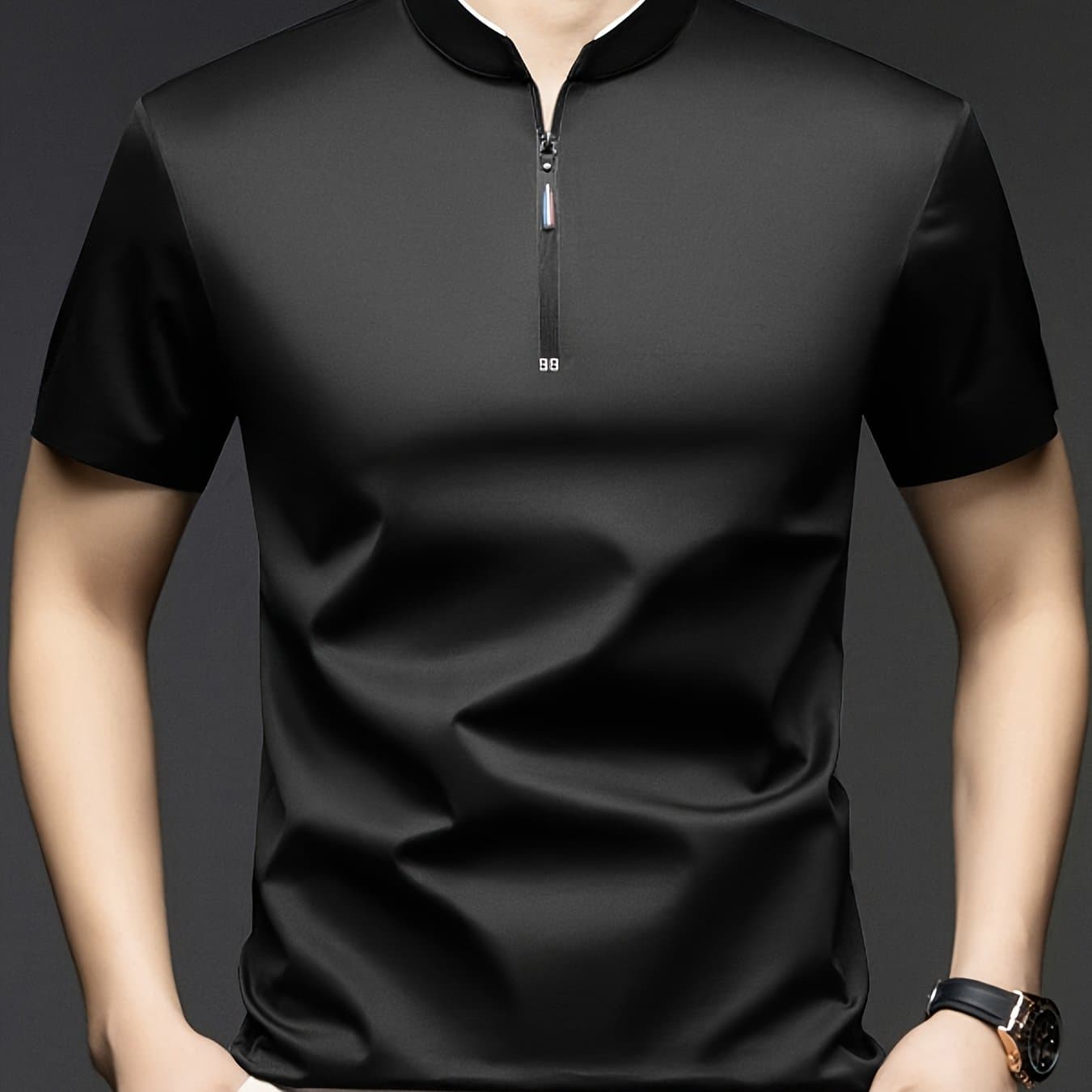 TEMU Summer Short-sleeve Shirt, Men's Small Collar Zip-up Solid Color T-shirt, Suitable For Sports, Outdoor, And Casual Wear
