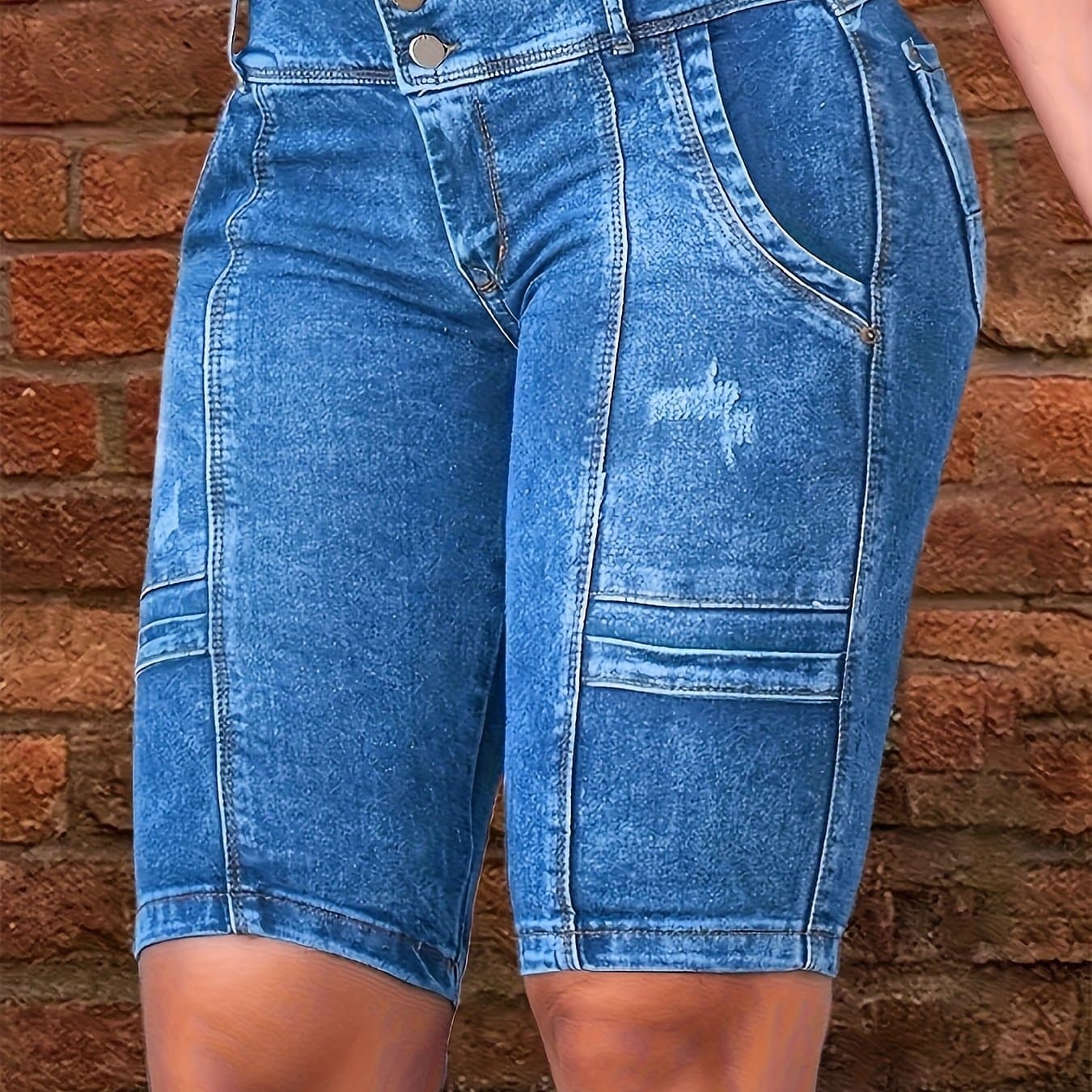 TEMU Women's High-waisted Stretch Denim Shorts With Elastic Front & Hip-lifting Design - Casual Machine-washable Shorts For Spring/summer, Casual Attire, Stylish Five-pocket,