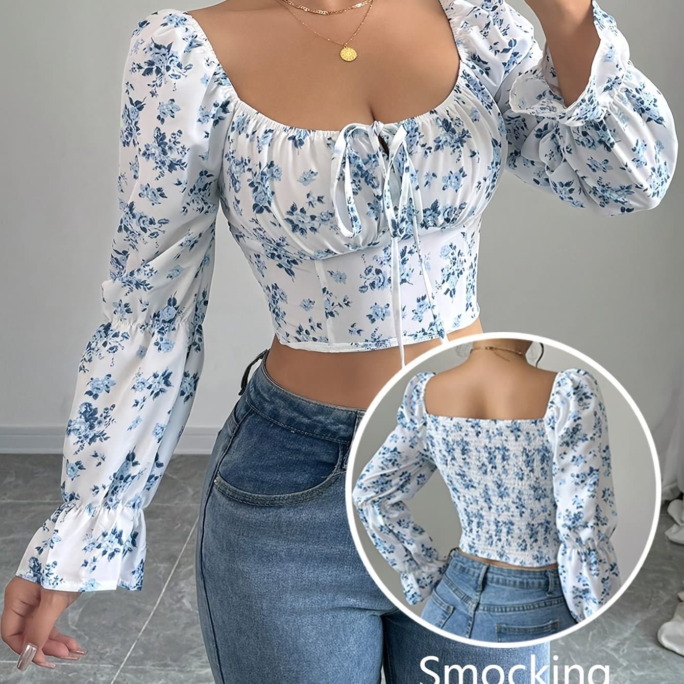 TEMU Women' Floral Flared Sleeve Square Neck Drawstring Shirt