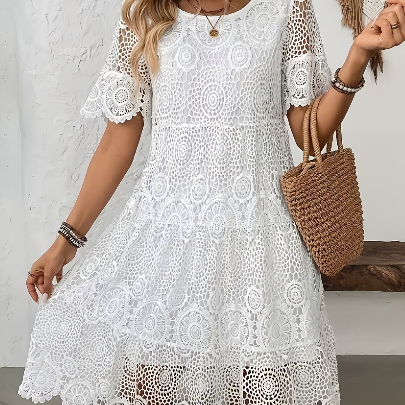 TEMU Zj0103019 Left Jia Direction Women's Casual Mid-length Lace Trimmed Hollow-out
