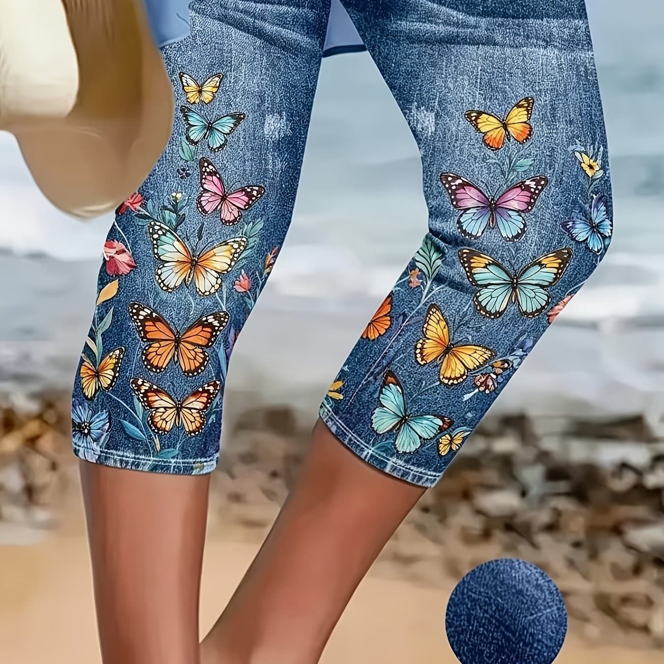 TEMU Plus Size - Plus Size - Women's Print Capri Pants - Elastic Mid-length, Spring Summer Casual Beachwear, , Beach Casual Attire | Print Trousers | Stretch Fabric