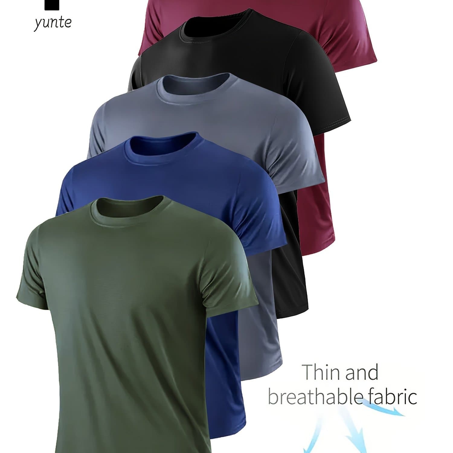 TEMU 5pcs Men's Quick-dry Green/navy/grey/black/ T-shirts - Breathable Moisture-wicking Round Neck Short Sleeve Shirts Suitable For Gym, Running, Training - Lightweight Summer Athletic Wear