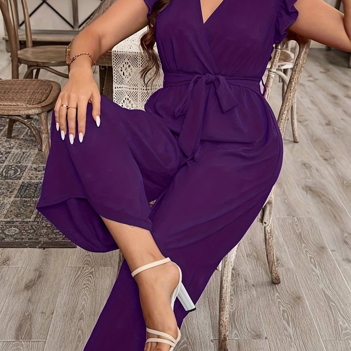 TEMU Ruffle And Belt Solid Color V-neck Bodysuit