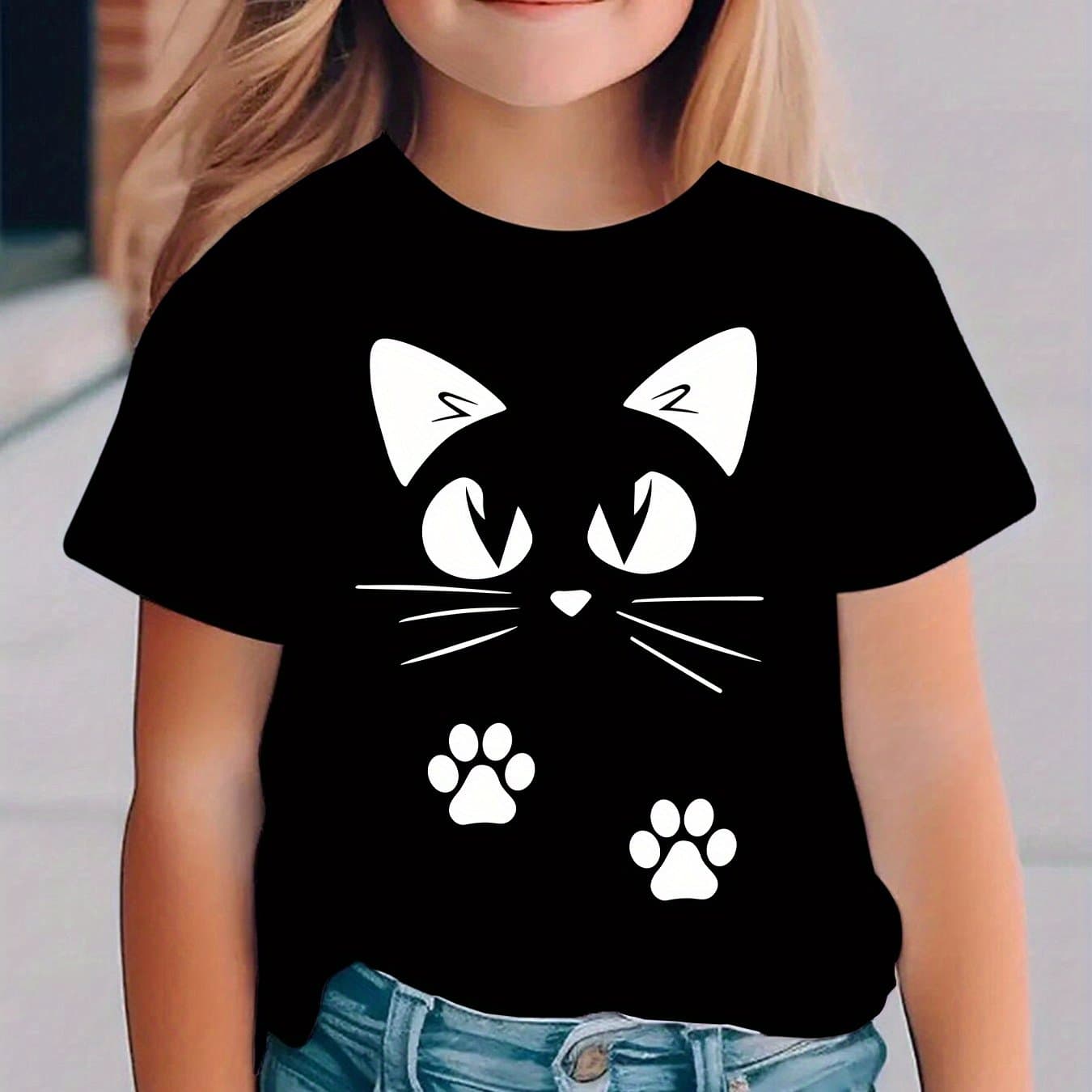 TEMU Summer Fashion Girls' Short-sleeve T-shirt With Kitten Element Print, Casual And Versatile Top Ny-dx5556