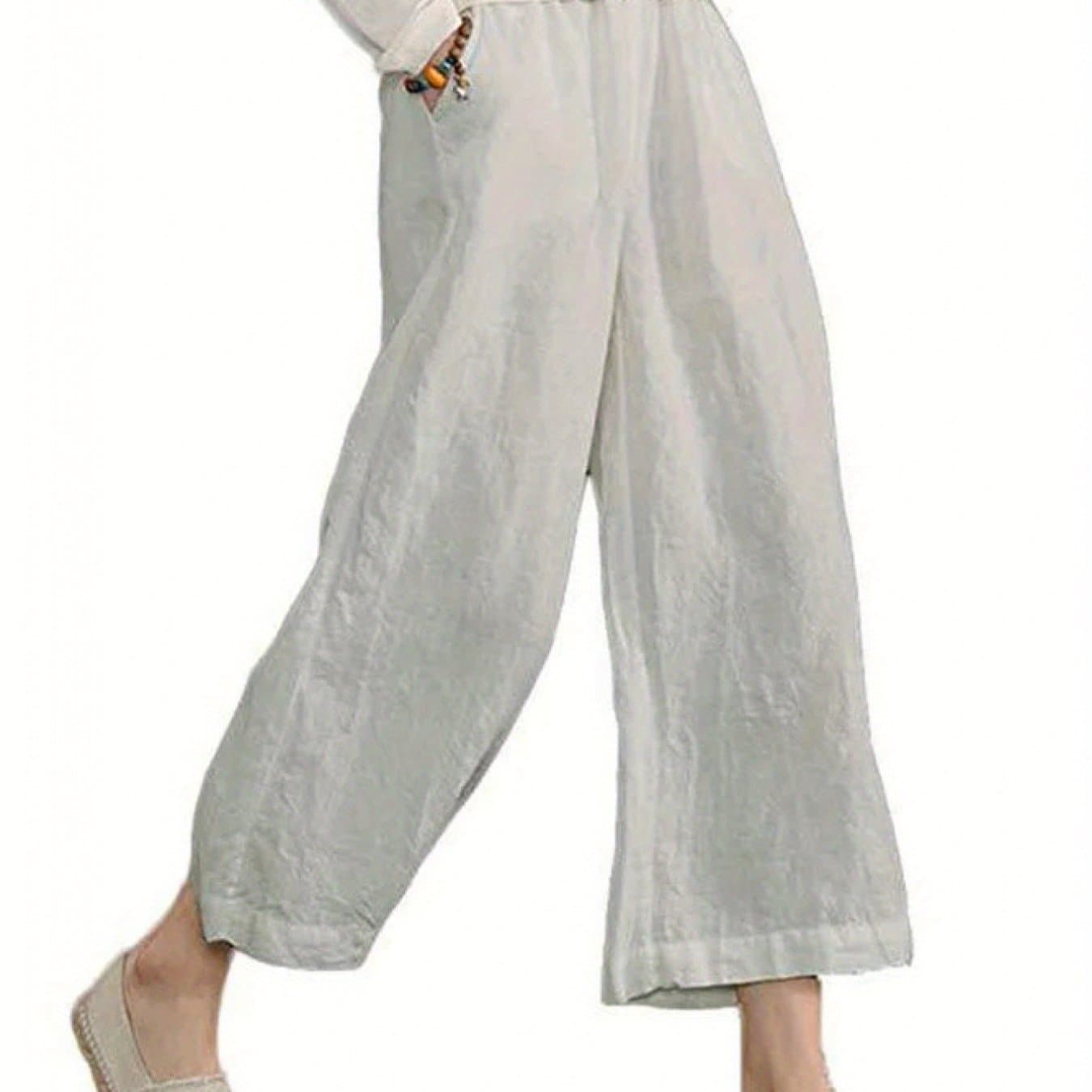 TEMU Solid Color Loose Casual Wide-legged Nine-minute Pants Female