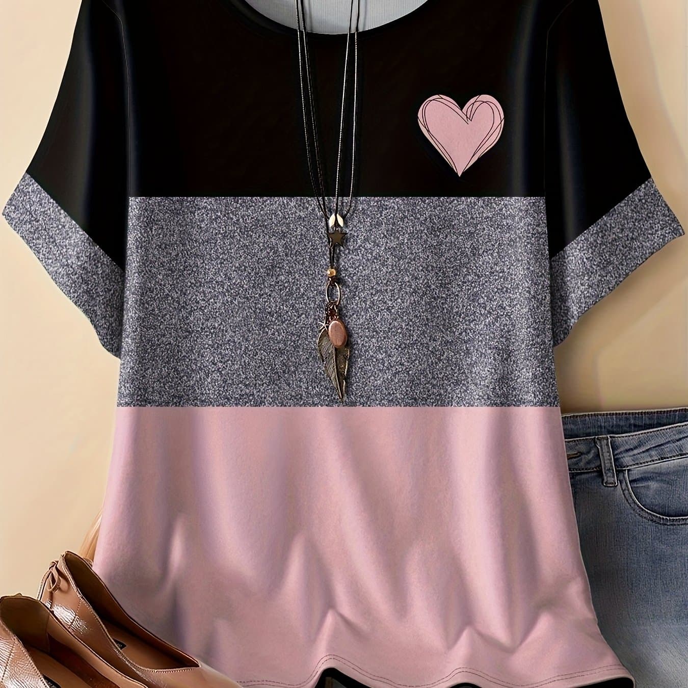 TEMU Plus Size, Women's Size Bohemian Short-sleeve T-shirt - Full-body Heart Print Round Neck Blouse, Casual & Dressy Short, Machine Washable - Fit For Casual Attire & Layering (non-)
