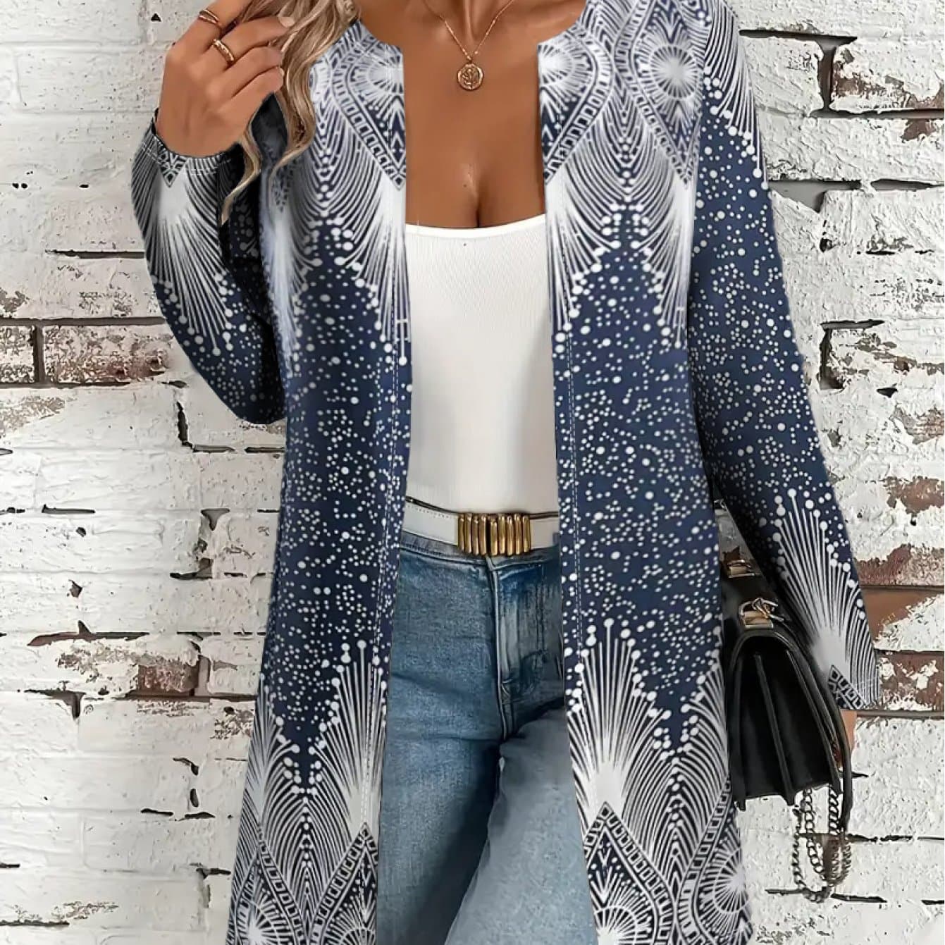 TEMU Long-sleeve Open-front Cardigan For Women In Standard Size, Featuring A Blue And Print For Autumn And Winter. Ideal For Women's Clothing, Including Dresses And Halloween Costumes