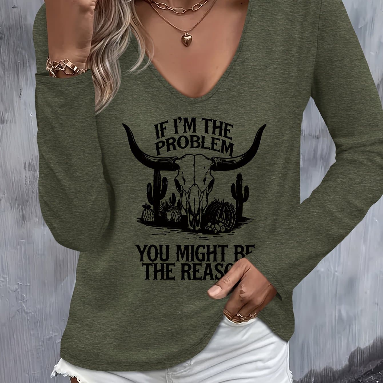 TEMU Country Music Pattern Print Women's Autumn And Winter Top, Versatile, Comfortable, Casual, Colored V-neck Long-sleeved T-shirt