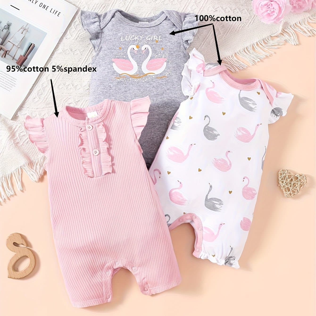 TEMU 3pcs Set Of Baby Jumpsuit Cartoon Swan Pattern Casual Jumpsuit For Young Girls And Babies Summer Outdoor Clothing, For Outdoor