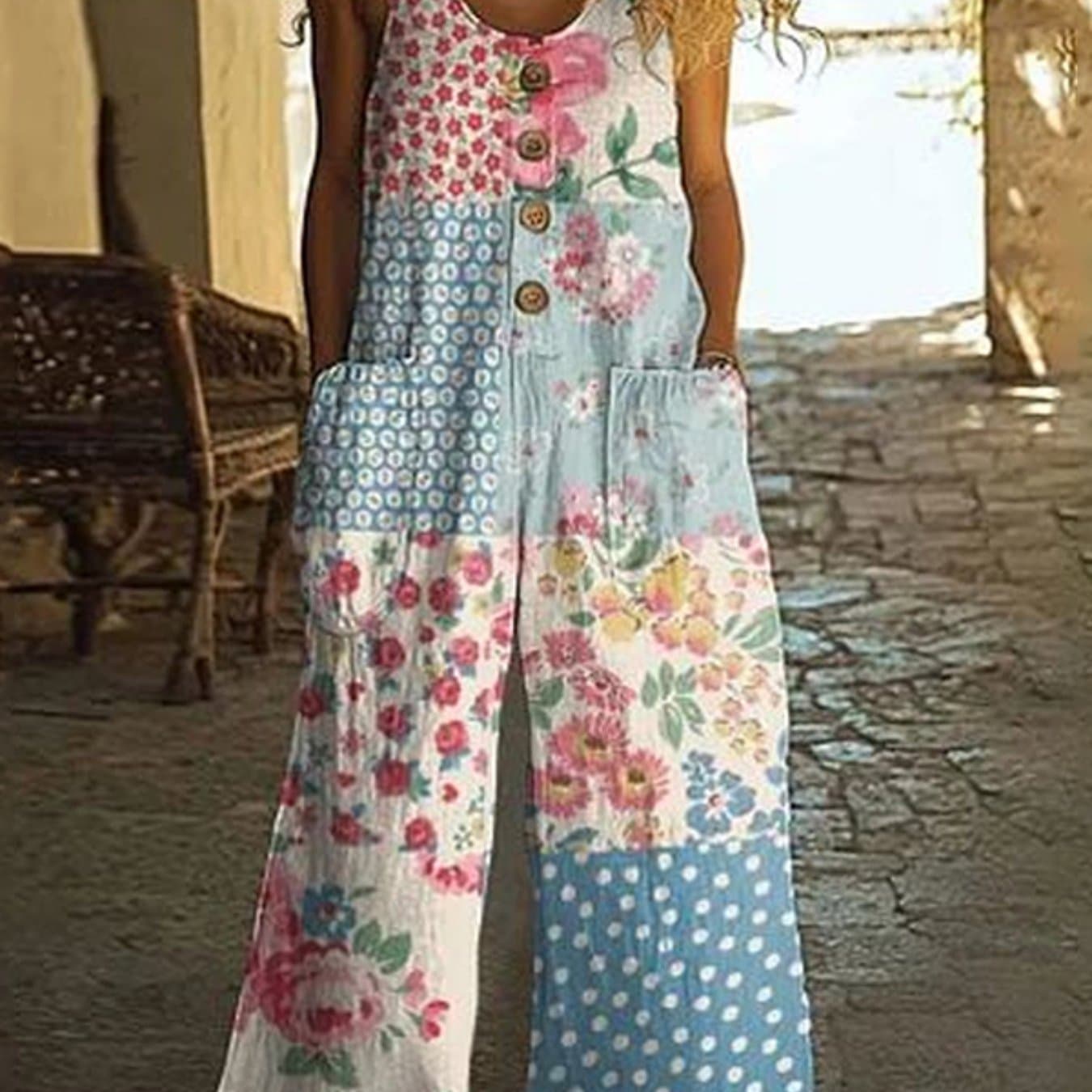 TEMU Black Summer Vintage Jumpsuit - Women's Sleeveless Button Romper W/ Pockets, Afro-chic Floral Print Wide Leg Jumper For Thick