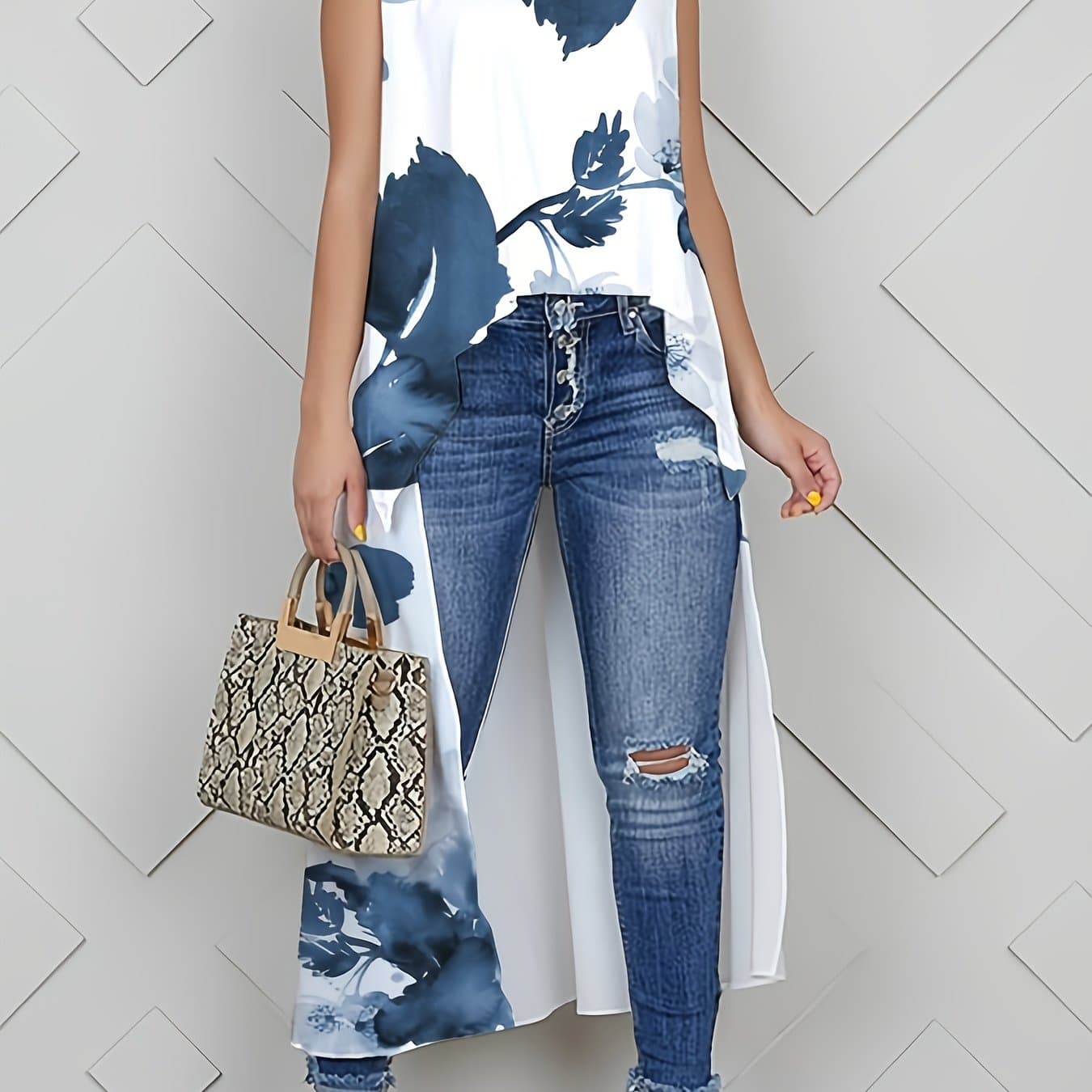 TEMU Printed Round Neck Front Short Back Long Sleeveless Pullover Shirt, Fashion Casual Long Shirt, Women's Clothing