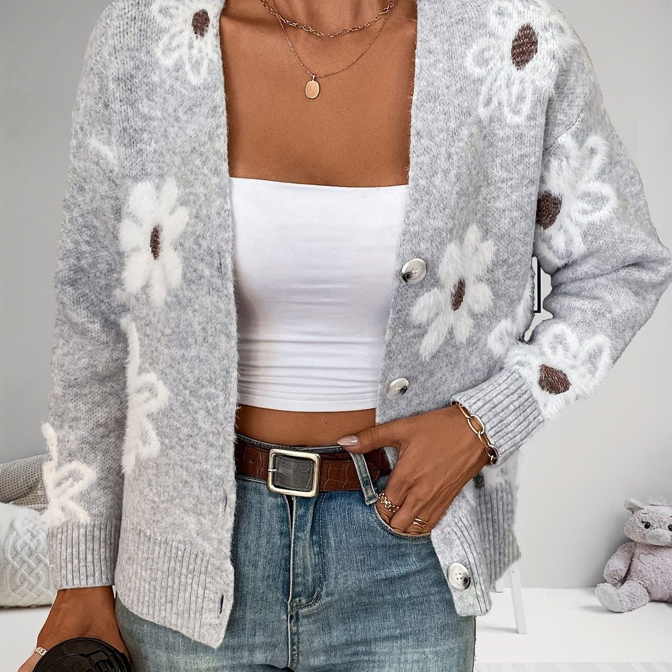 TEMU Floral Print Button Front Cardigans, Casual V Neck Long Sleeve Knitted Cardigans Top For Spring & Fall, Women's Clothing
