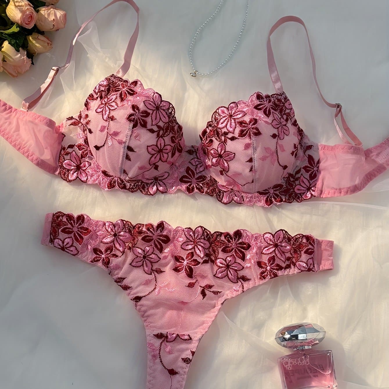 TEMU Autumn-winter Pink Floral Embroidered Lingerie Set, Warm- Lined Comfortable Bra And Mesh Thong, High-quality New Push-up Bra And Panties