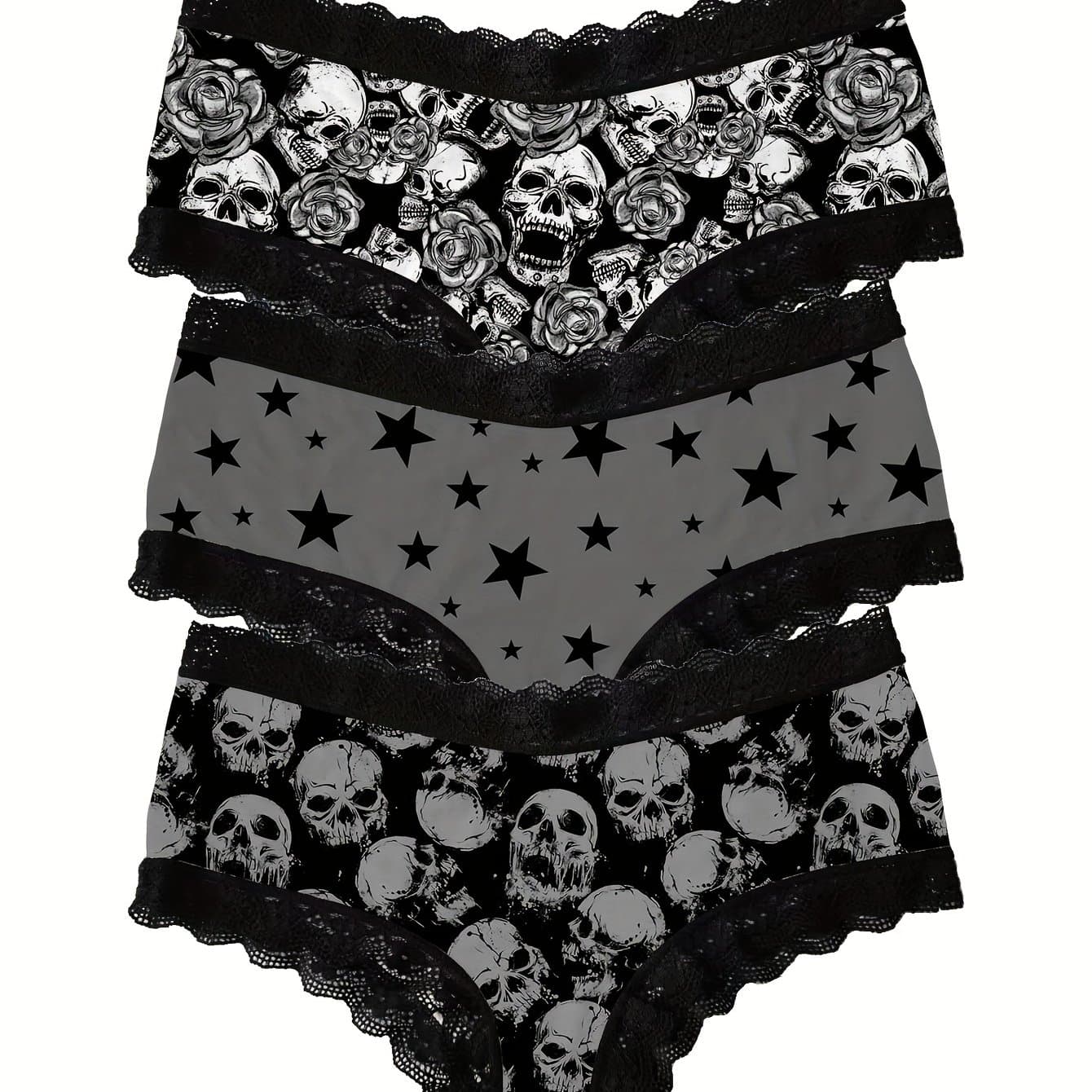 TEMU Skull 3d Print Milk Lace Women's Thong Panties Three-pack