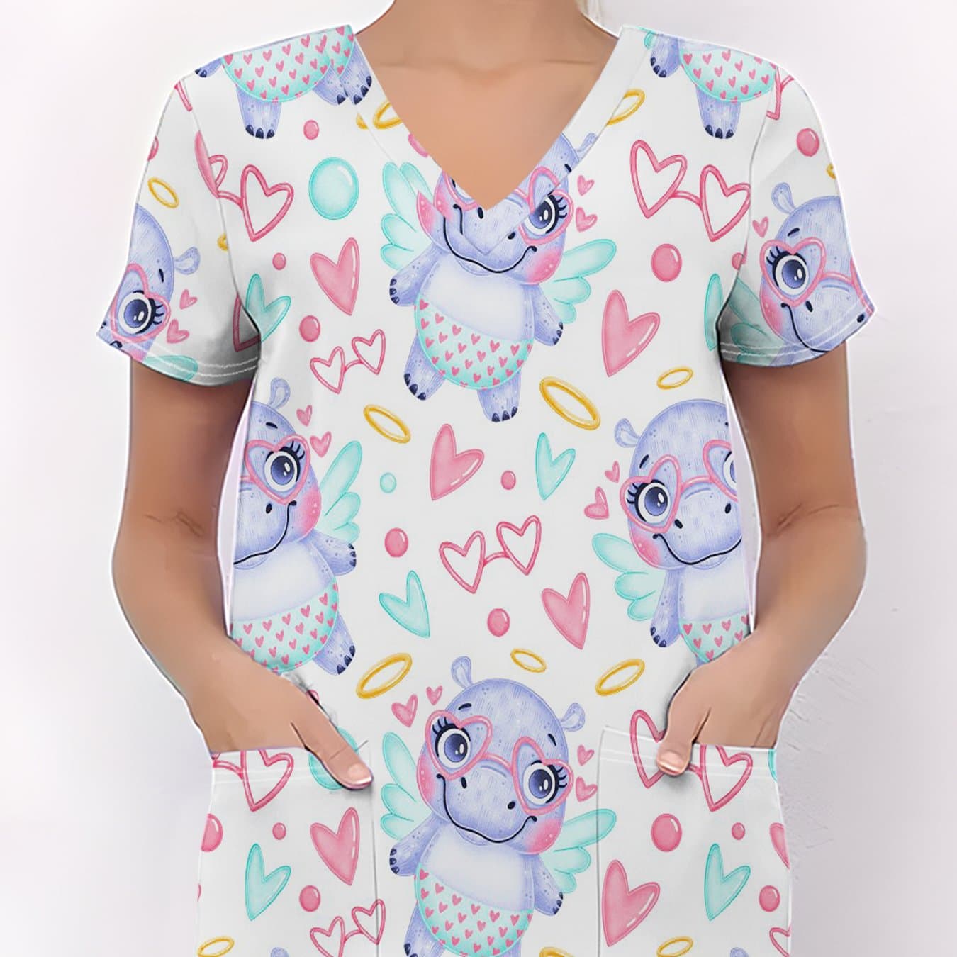 TEMU Plus Size - Plus Size - Ladies' Fashion V-neck Short Sleeve Nurse Uniform With Pockets | Cartoon Elements, Breathable Casual Elegant Style, Comfortable Fabric, Use