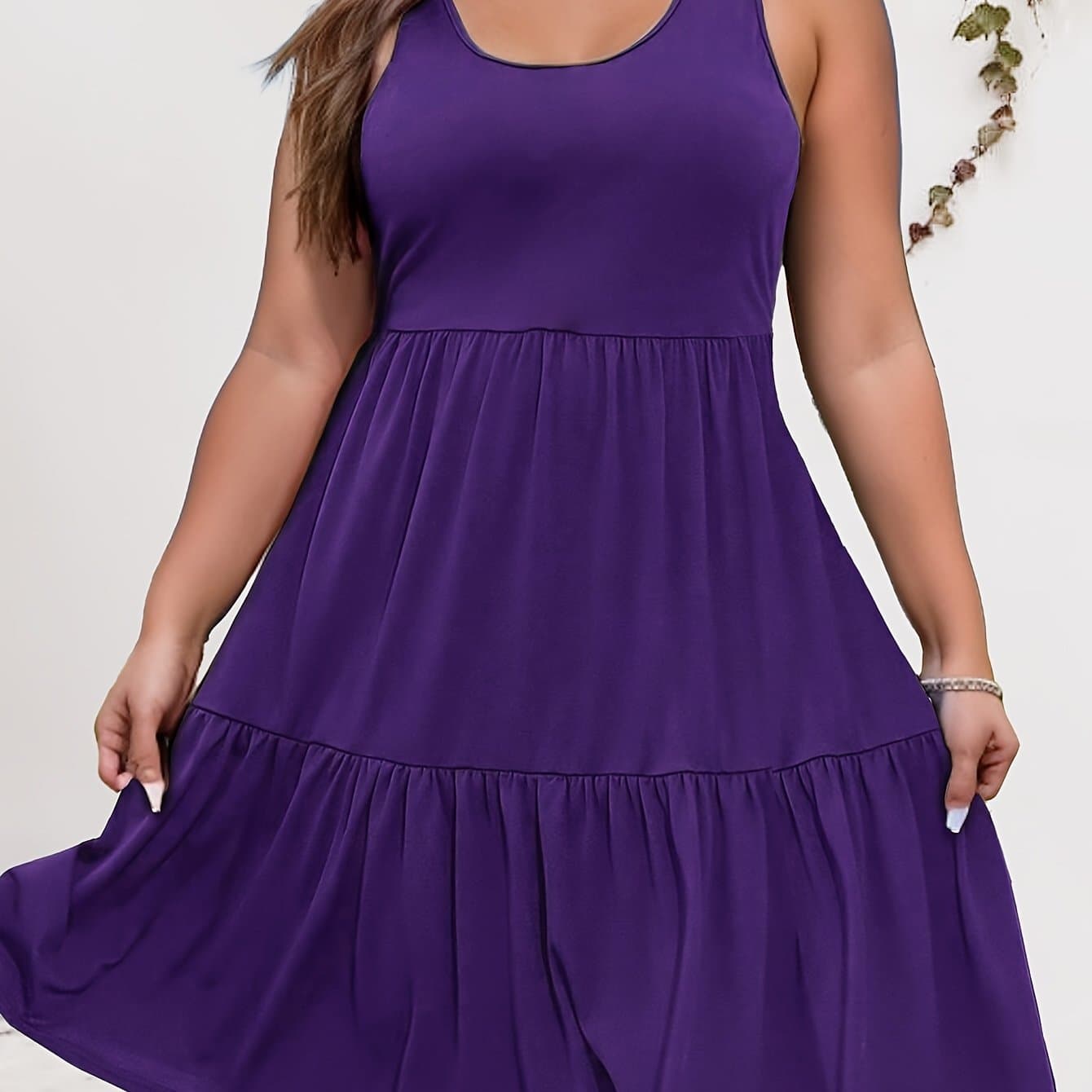 TEMU Plus Size - Plus Size - Plus-size Women's Dress With A Round Neck, Pleated Design, Stretchy, Casual, Elegant, Comfortable, Cool, Sleeveless A-line Dress