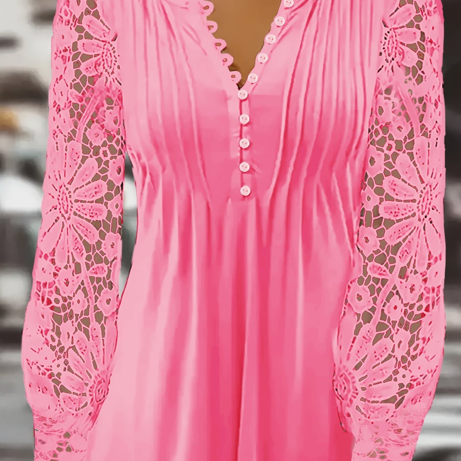 TEMU Plus Size Women's Top, Hollow Lace Long Sleeve Blouse, Loose A-, Suitable For Outdoor , Casual Leisure, Dates And , Gentle And