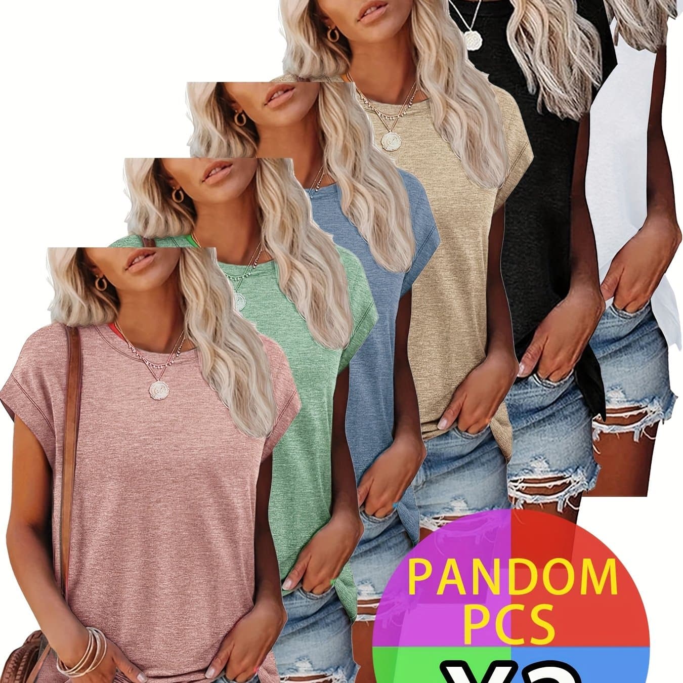 TEMU 3 Women's T-shirts, Summer Tops, Solid Color Batwing Short Sleeves, Fashionable , Loose, Casual, Suitable For Daily Commuting, Colors Are Random, 3pcs