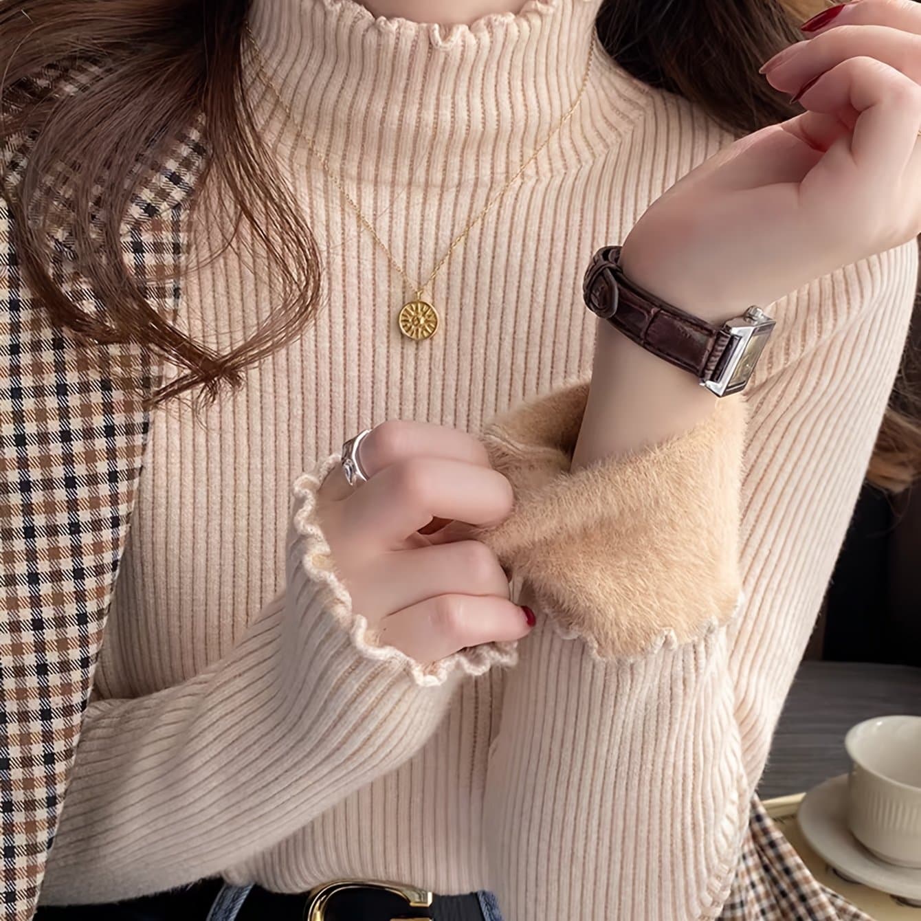 TEMU Solid Winter Early Spring Half High Neck Ruffle Fleece Lined Knit Sweater