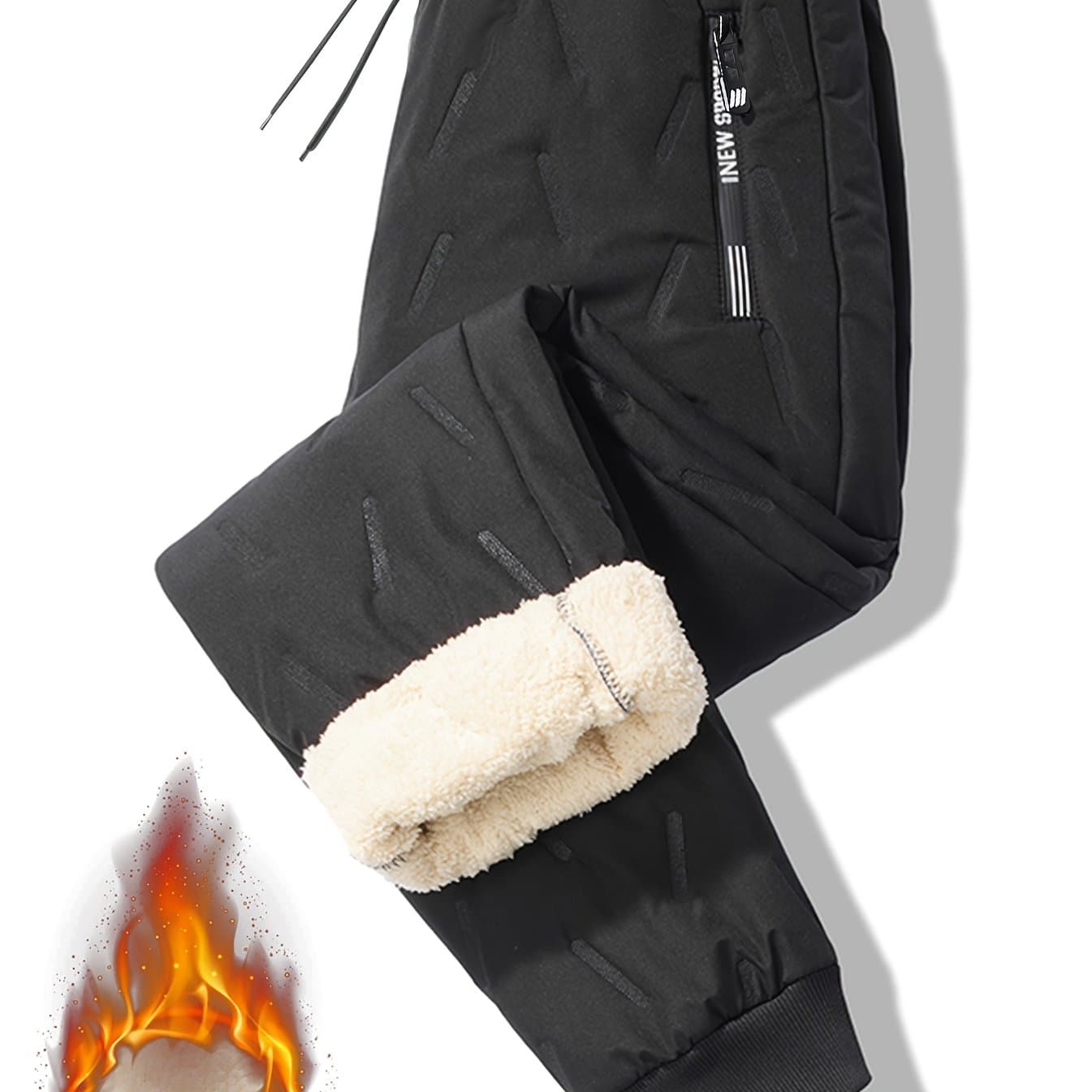 TEMU Men's And Women's Thickened Winter Jogging Pants, Fleece-lined, Warm And Windproof, Adjustable Drawstring Waist, Zipper Pockets, Solid Color Outdoor
