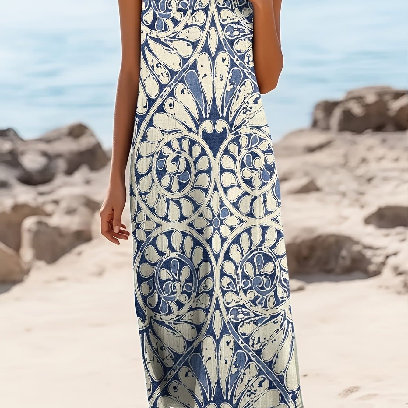 TEMU Sleeveless Dress With A Loose Fit Featuring A Retro Ethnic Design, Perfect For A -back Vacation Or During And Summer