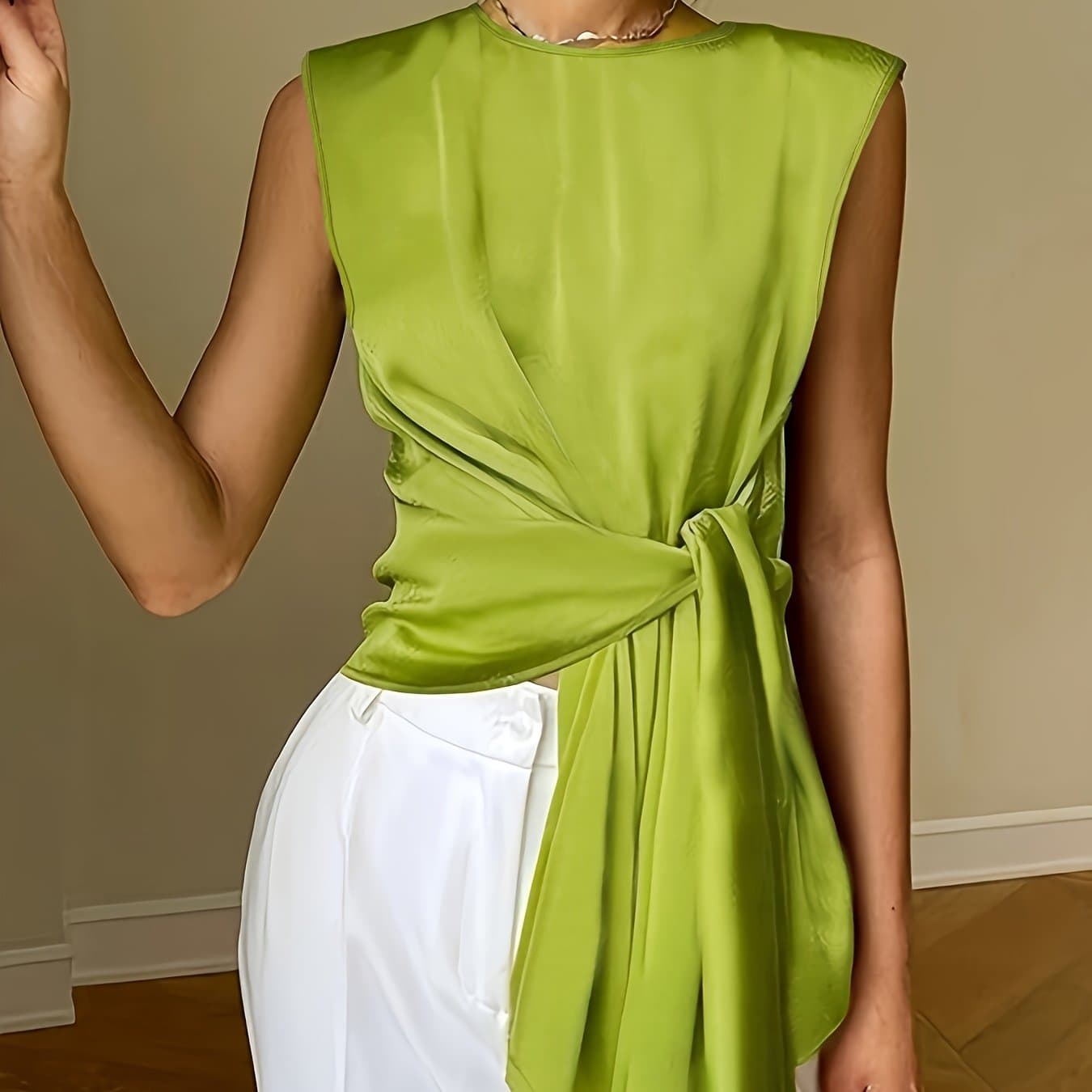 TEMU Summer Round Neck Elegant Cinched Tie-back Straight Solid Color Vest Women's Top