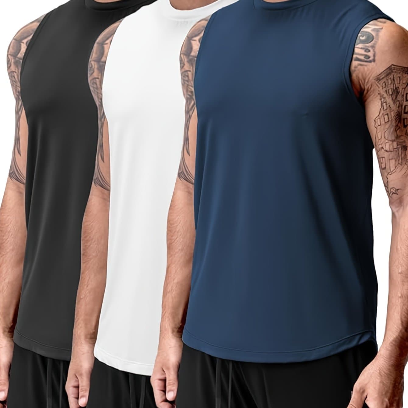 TEMU 3pcs Men's Athletic Tank Tops Quick Dry Breathable Sleeveless Fitness T-shirts Polyester Soft Fabric Regular Crewneck Sleeveless Tops For Gym Training Outdoor Casual