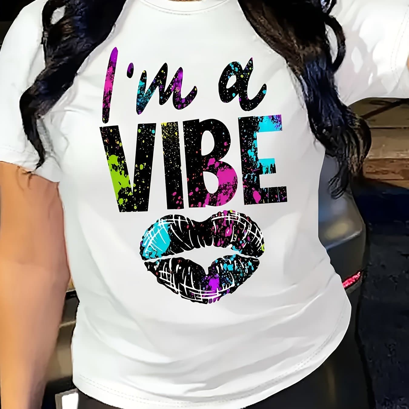TEMU I'm A Vibe Graphic Tee - Women's Casual Short Sleeve Crew Neck T-shirt With Vibrant , Comfy Blend For Casual Attire & Stylish Outfits, | Trendy Casual Tee |