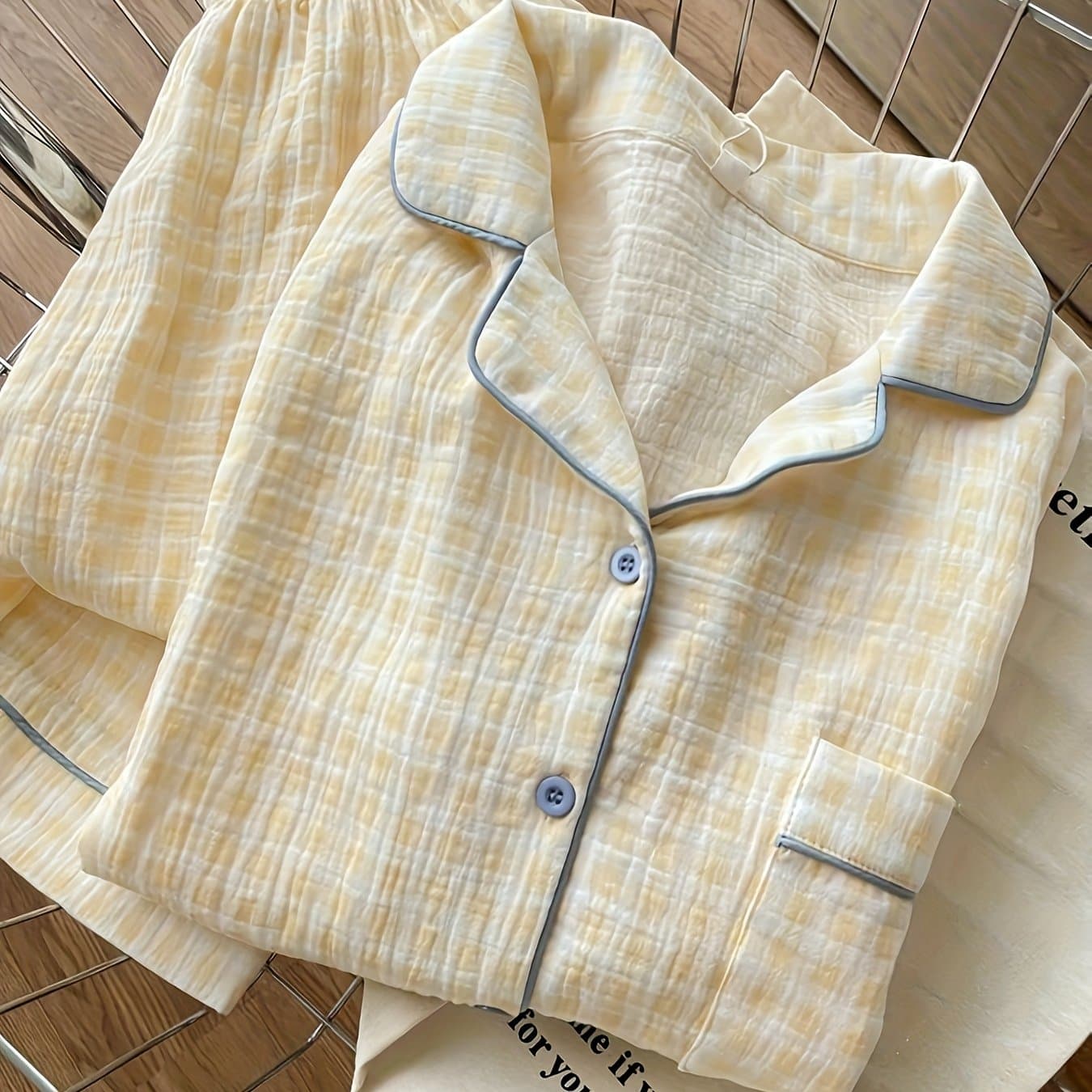 TEMU Japanese Yellow Checkered Cloud Sleepwear Women's Long Sleeved And Autumn Ins Minimalist Outerwear Set, Pajama Set Women, Women Pajama Set, Set Women Outfit