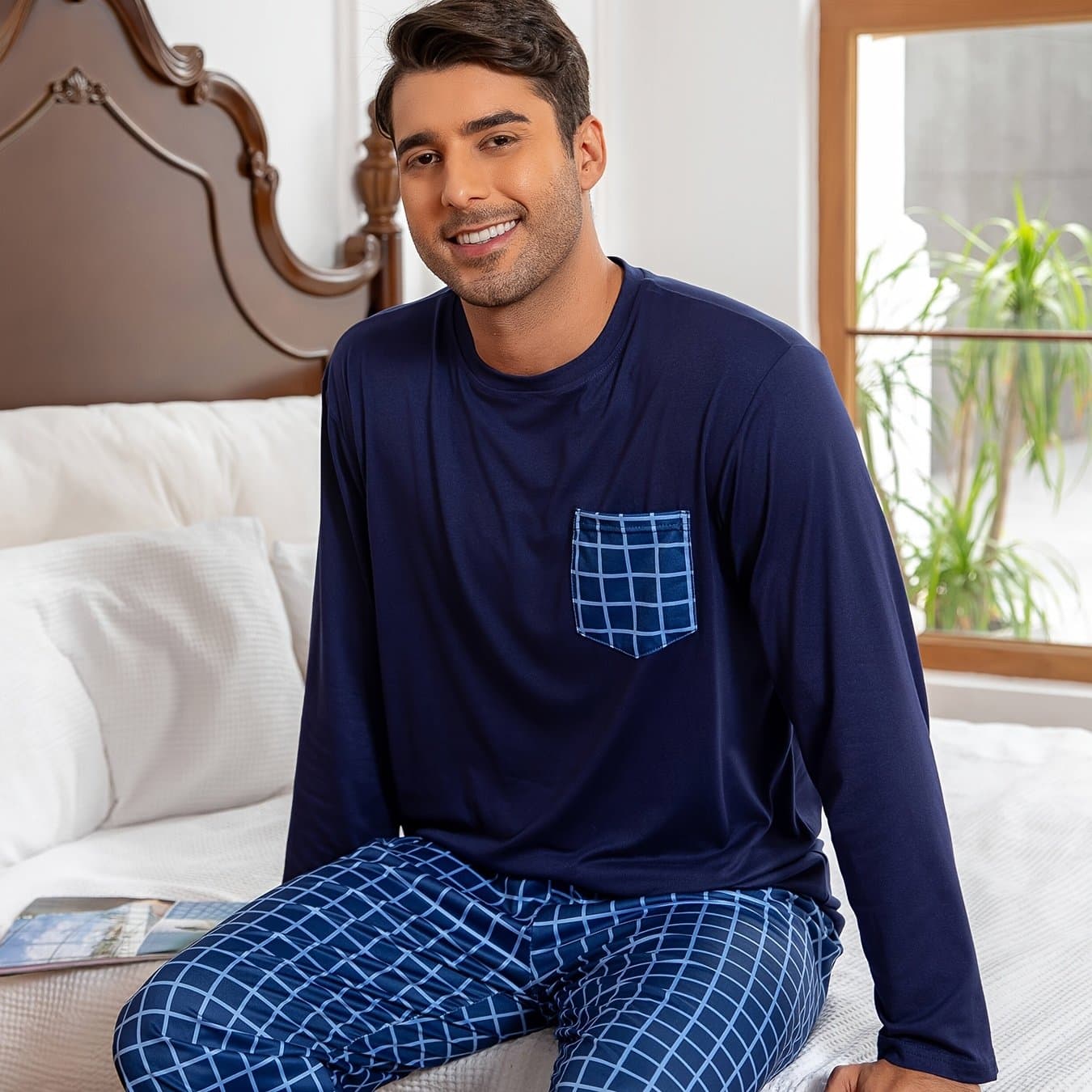 TEMU Men's Navy Blue Long-sleeve Pocketed Pants Round Neck Pullover Pajama Loungewear Set