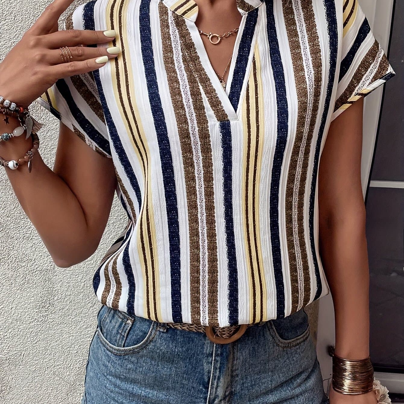 TEMU Women's Elegant Beige/blue//gray/ Brown/stripes Blouse - Non-stretch Batwing Shirt For Casual & Formal Events, Machine Washable Everyday Or Party Top