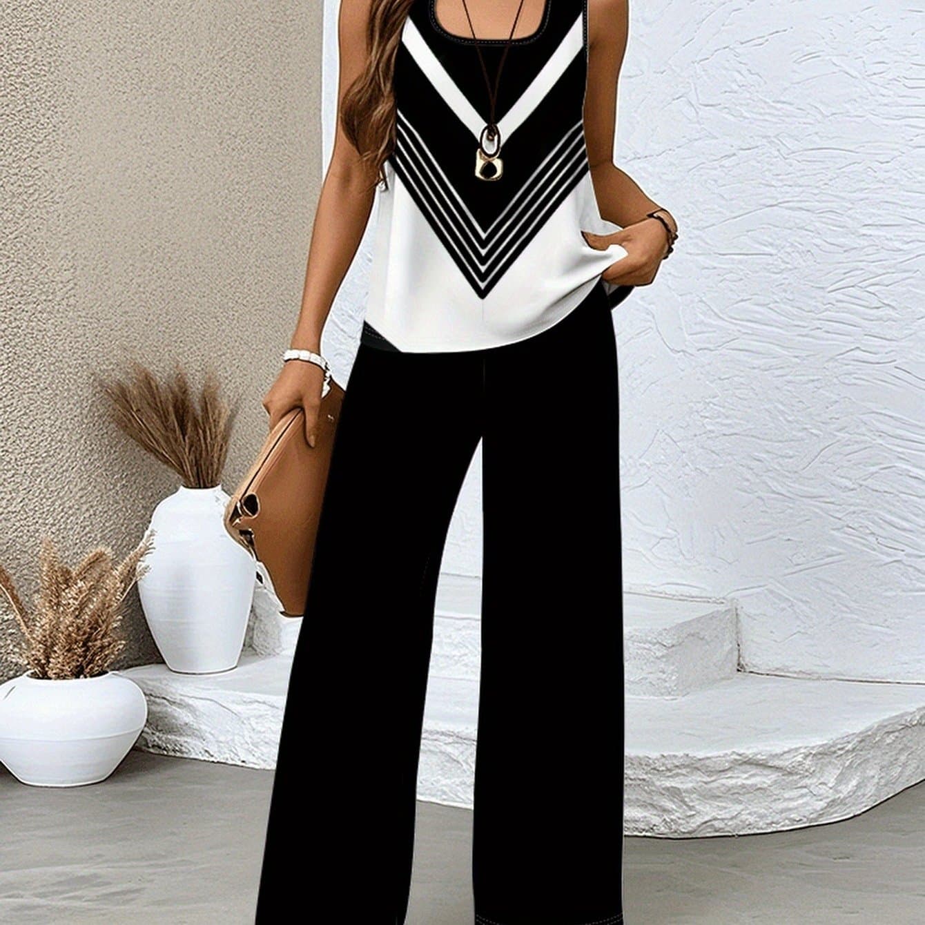 TEMU 2026 Spring/summer Women's 2pcs Set, Sleeveless Top And Loose Pants, And White Geometric Print, Soft And Elastic Fabric, Suitable For Shopping, Vacation, Home, And Daily Occasions