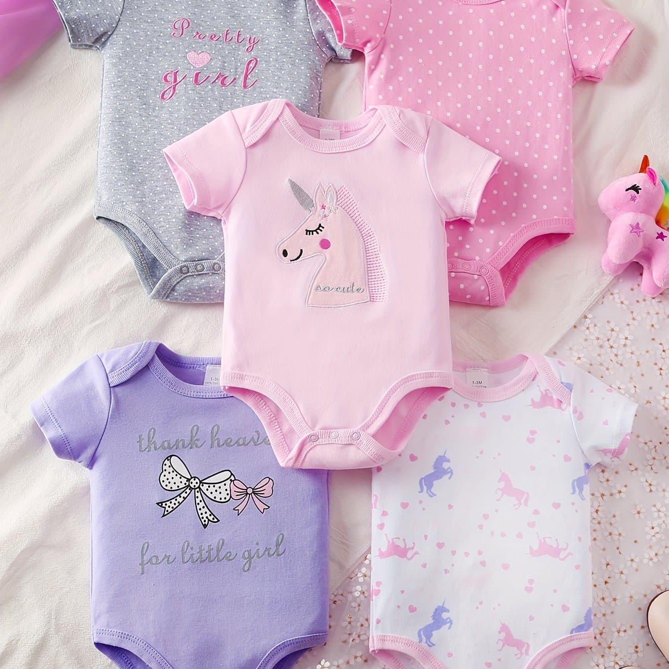TEMU 5pcs Set Baby Girl Cartoon Onesie Baby Girl Cute Crawling Suit, Perfect For Outdoor