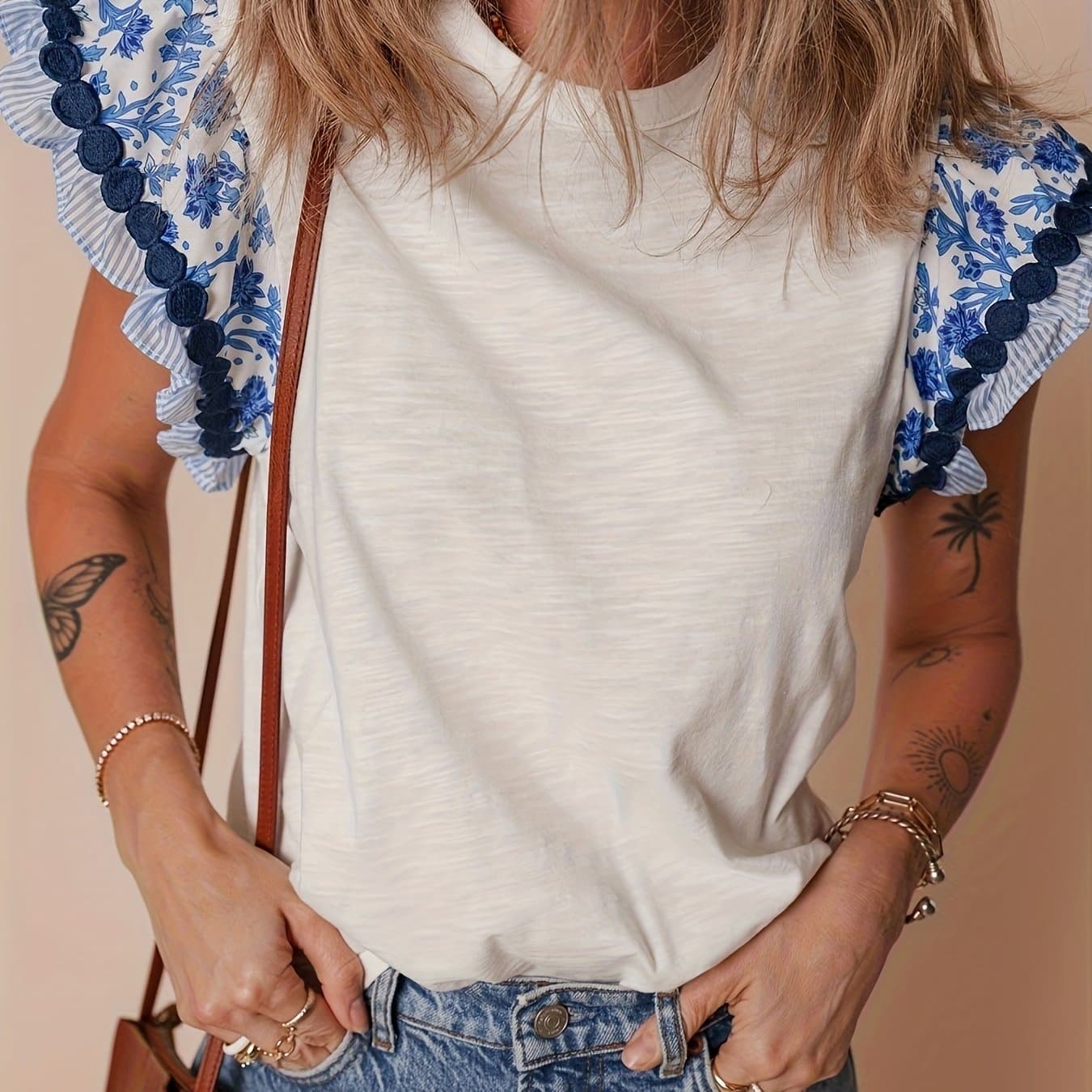 TEMU Blue Ricrac Trim Printed Flutter Sleeve Contrast Blouse