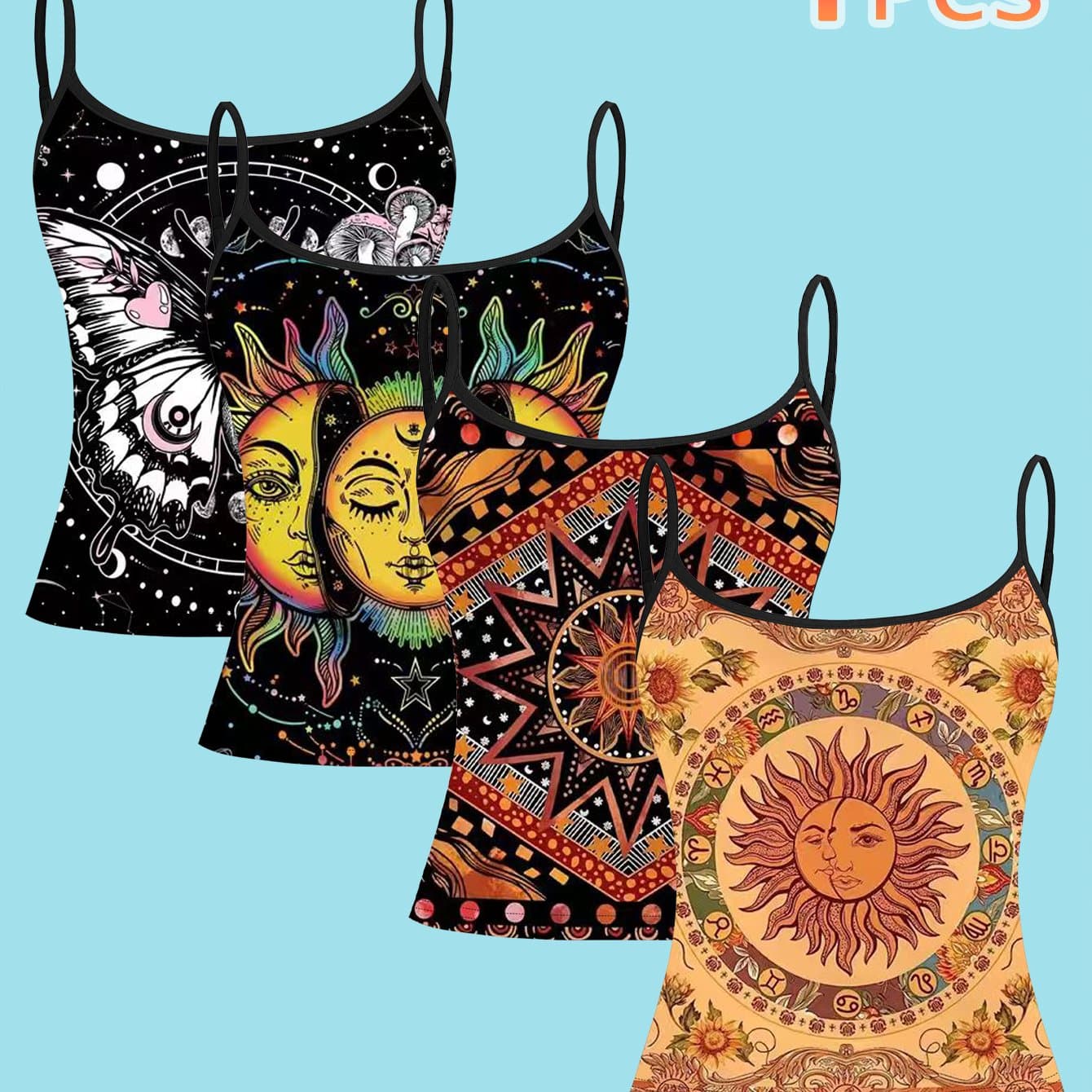 TEMU 4pcs Women's Vintage Astrology Sleeveless - Y2k Off-shoulder/ Neck Blouses With Full-body Print (,,) For - Wear, Costume & Everyday Outfits - Machine Washable