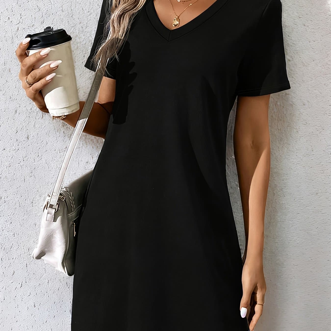 TEMU V-neck Mid-length T-shirt Dress Women's Summer Easy Versatile Casual Skirt Short Sleeve Ladies Long Top thumbnail 2