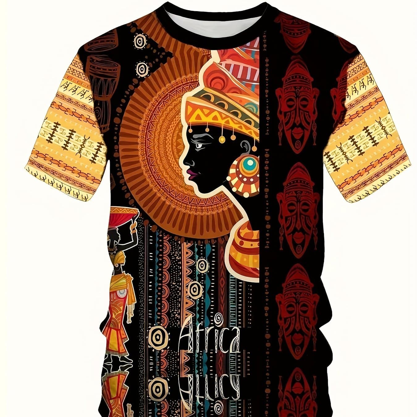 TEMU Africa Tribal Pattern Neck Short Sleeve T-shirt For Men, Casual Summer T-shirt For And Vacation Resorts
